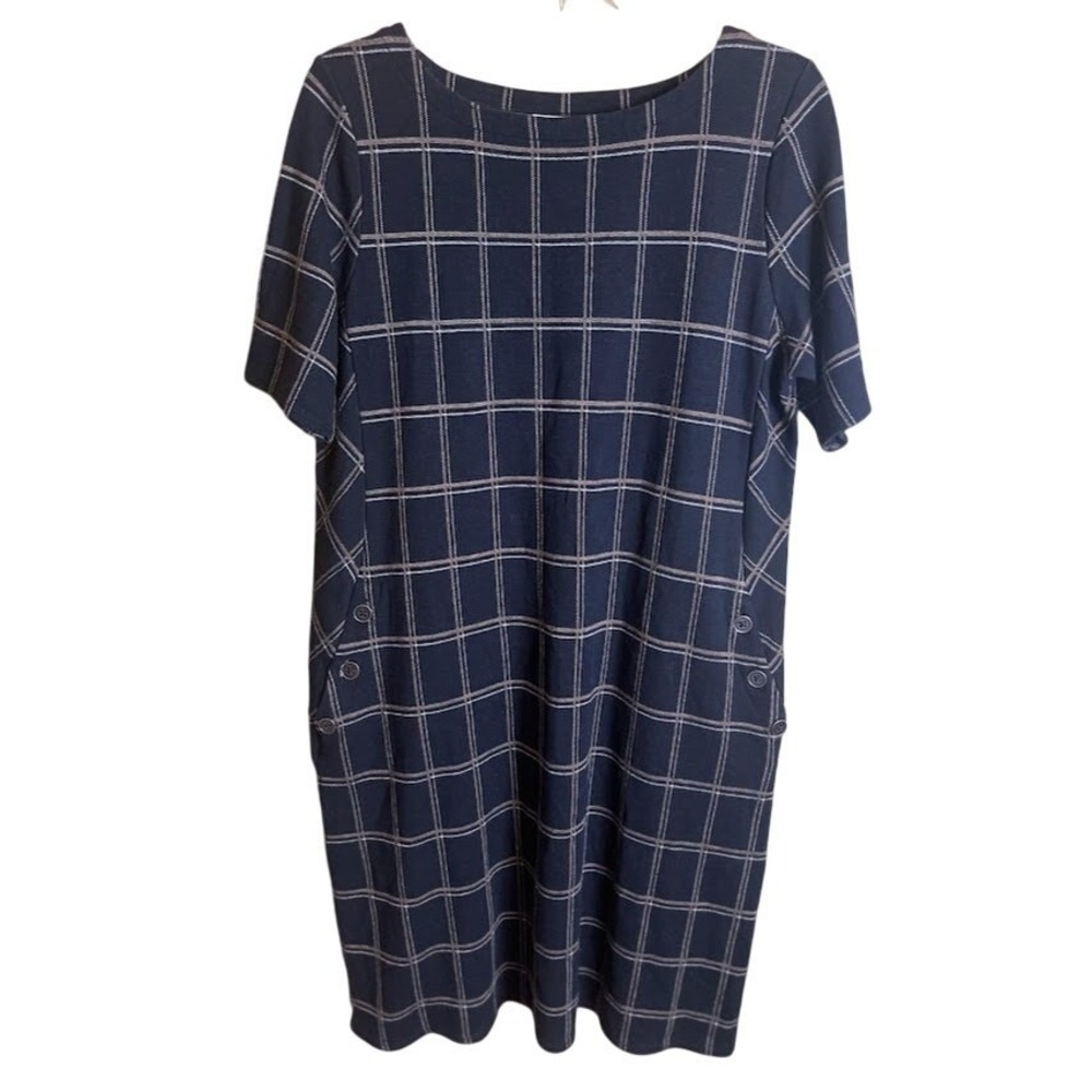 J. Jill Ponte Shift Dress Womens Medium Navy Blue Excellent Plaid Button Detail